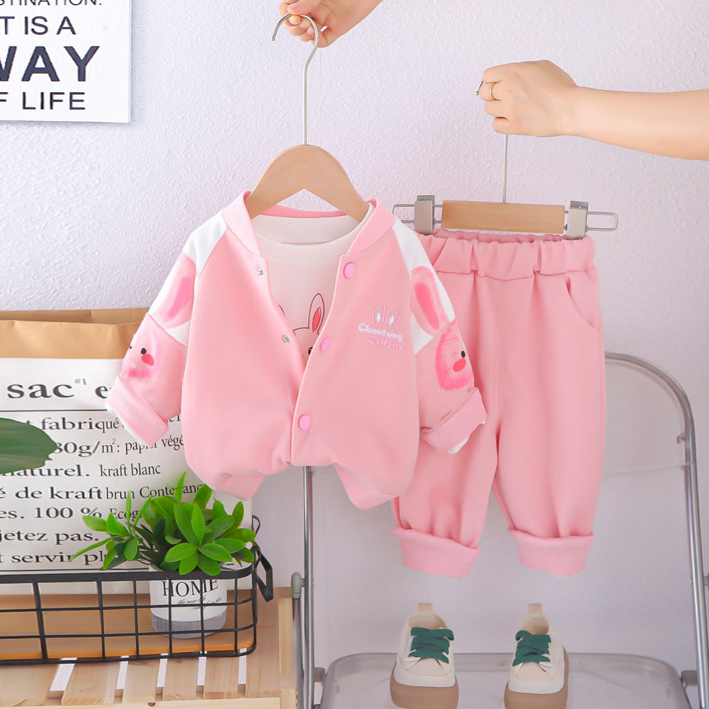 Girls Pink Rabbit Printed Varsity Jacket With T-Shirt & Joggers Set Sets Pink 1-2 Y