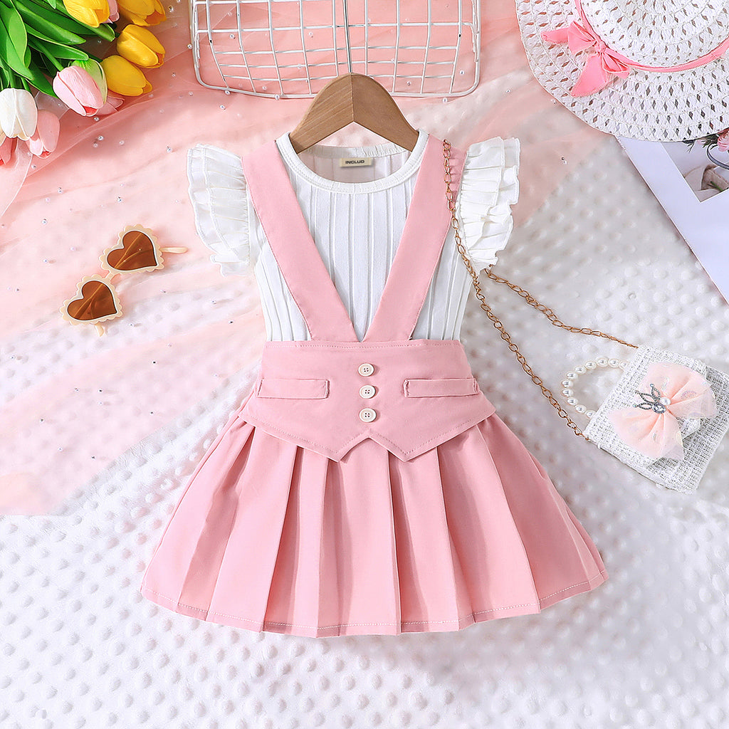 Girls Pink Solid Skirt With Self Designed Top Summer Set 2 pc. Sets Pink 2-3 Y