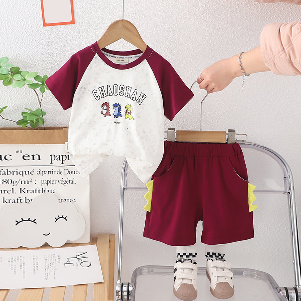 Boys Maroon Raglan Sleeves Dinosaur Printed T-Shirt With Shorts Set 2 pc. Sets Maroon 1-2 Y