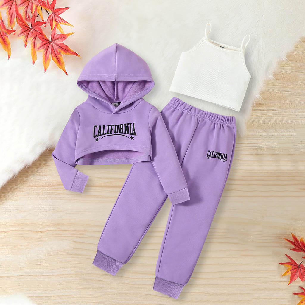 Girls Purple Crop Sweatshirt with Spaghetti Top & Joggers Set Sets Purple 3-4 Y