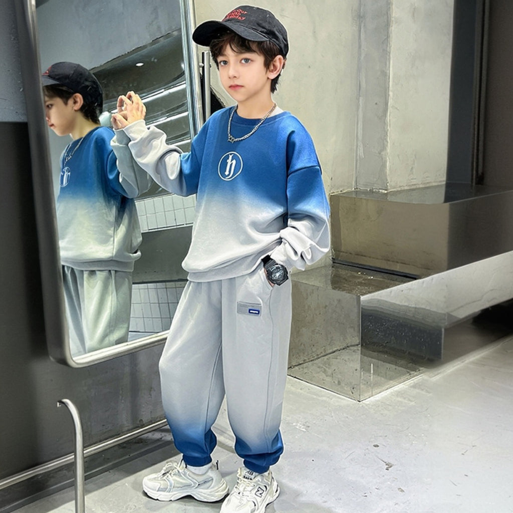 Boys Blue Ombre Printed Winter Sweatshirt With Jogger Set 2 pc. Sets Blue 5-6 Y