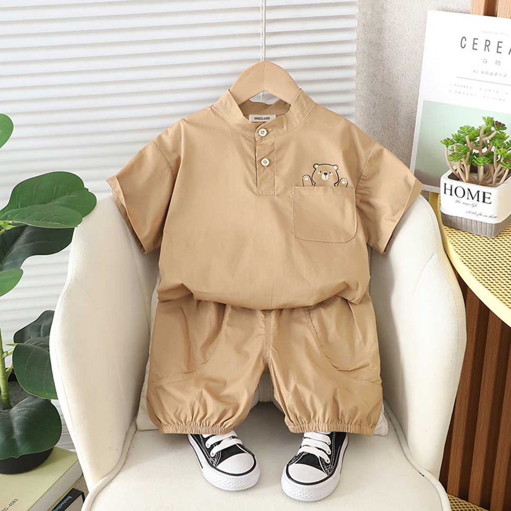 Boys Mandarin Collar Pocket Print T-Shirt With Shorts Set 2 pc. Sets Khaki 1-2 Y 