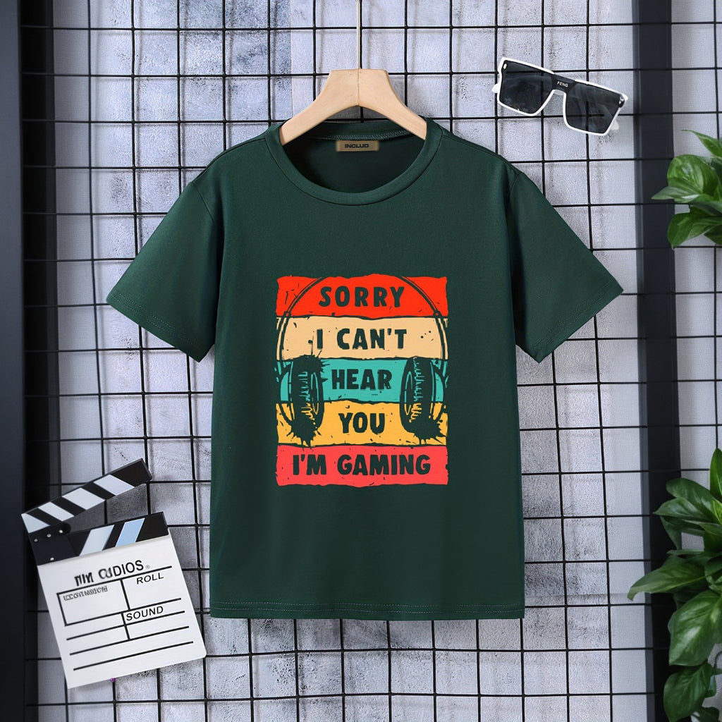 Boys Army Green Headphone Graphic Short Sleeves T-Shirt Tshirts Army Green 5-6 Y