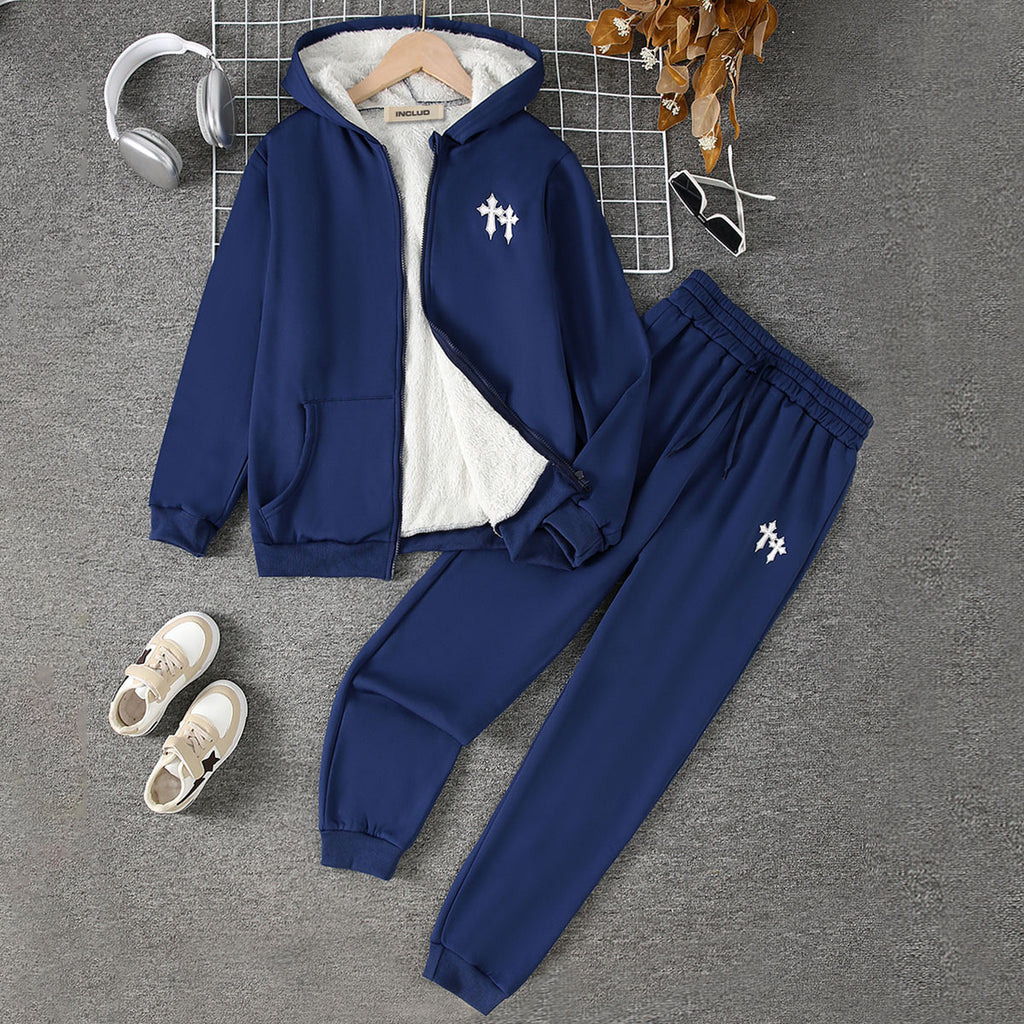 Boys Navy Blue Printed Fur Lined Sweatshirt With Pants Sets 2 pc. Sets Navy Blue 12-13 Y