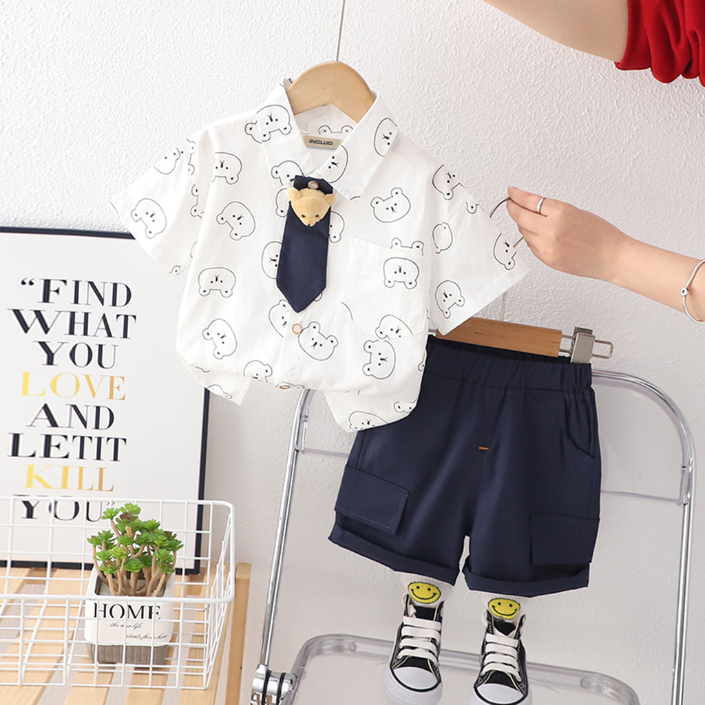 Boys Animal Printed Short Sleeves Shirt With Navy Blue Shorts Set 2 pc. Sets
