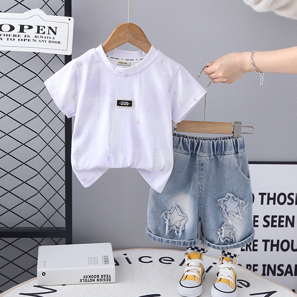 Boys Short Sleeve Printed T-Shirt With Blue Denim Shorts Set 2 pc. Sets Blue 1-2 Y