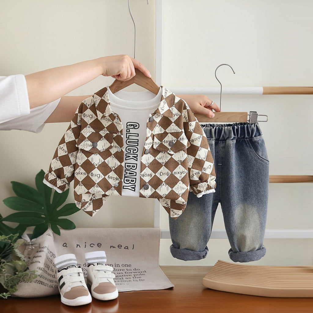 Boys Brown Abstract Shirt With T-Shirt And Denim Trousers Sets 3 pc. Sets Brown 1-2 Y