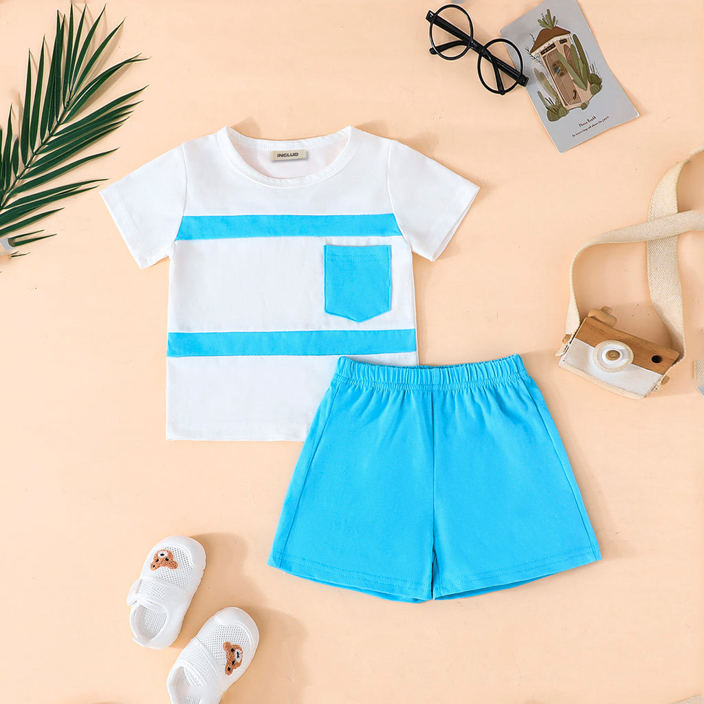 Boys Patch Pocket T-shirt with Blue Shorts Set Sets Blue 1-2 Y