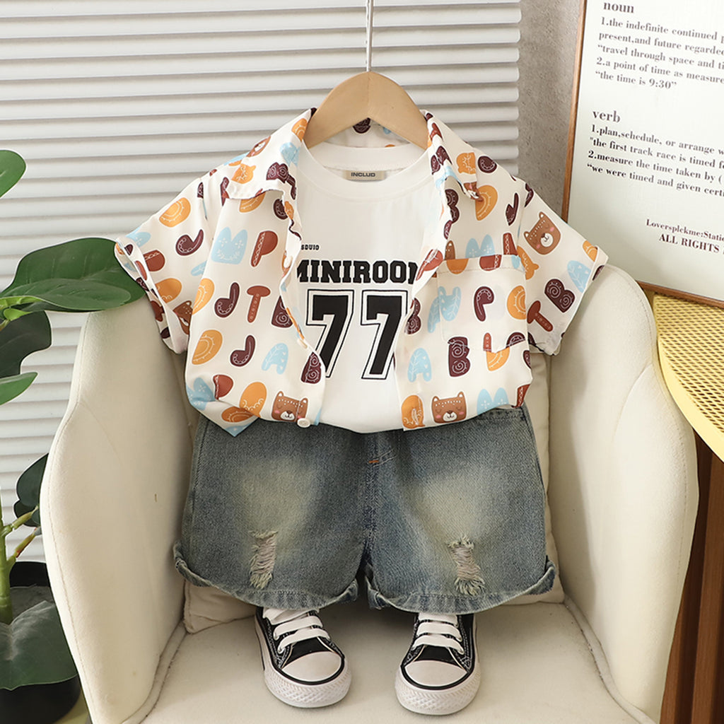 Boys White Printed Short Sleeves Shirt With T-Shirt And Denim Shorts Set 3 pc. Sets White 1-2 Y