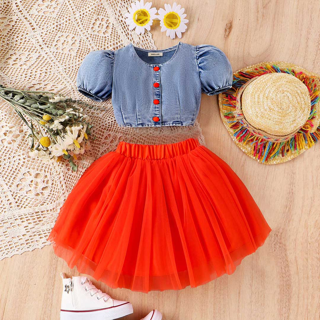 Girls Short Sleeve Denim Top With Skirt Set 2 pc. Sets Red 4-5 Y 