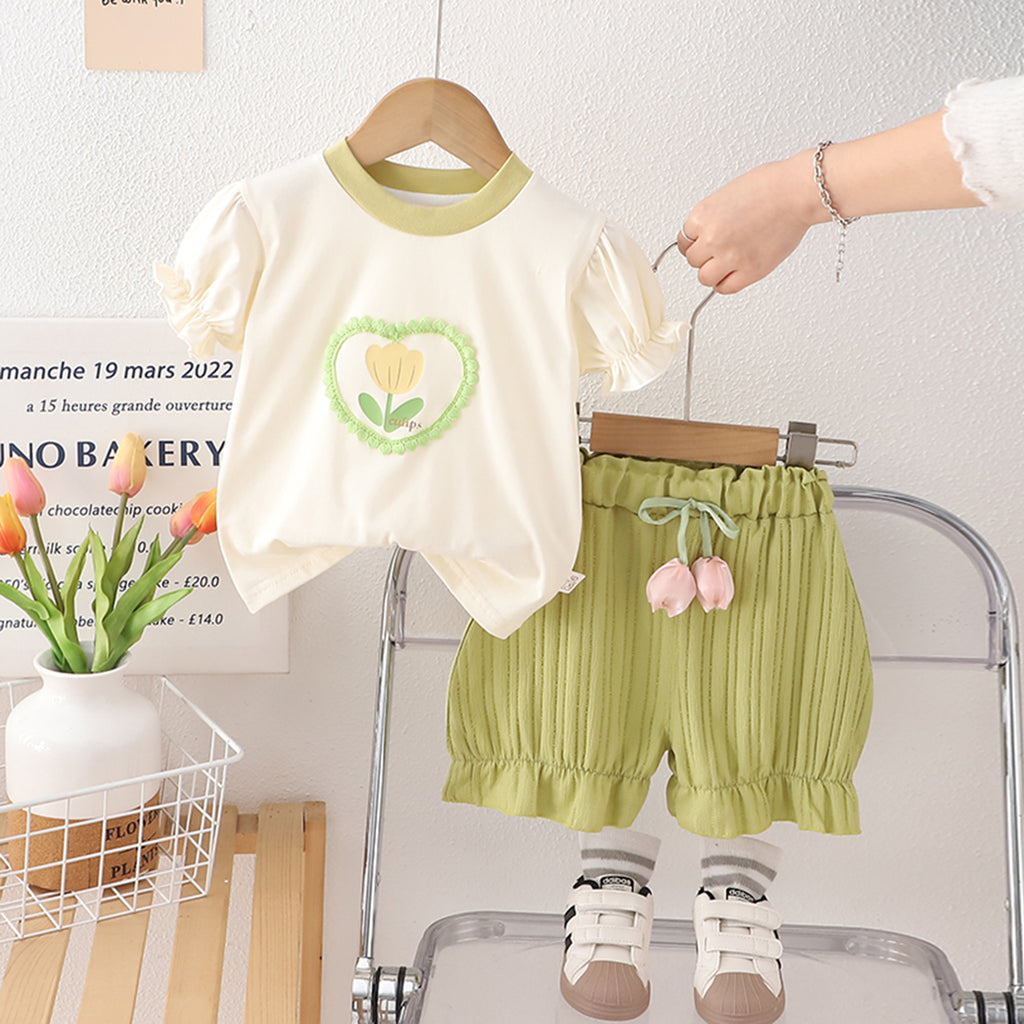 Girls Flower Printed Puff Sleeves Top With Green Shorts Set 2 pc. Sets Green 1-2 Y