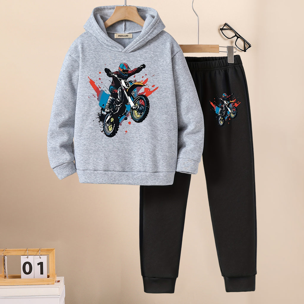 Boys Grey Melange Motorcycle Printed Hooded Sweatshirt with Joggers Set Sets Grey 5-6 Y