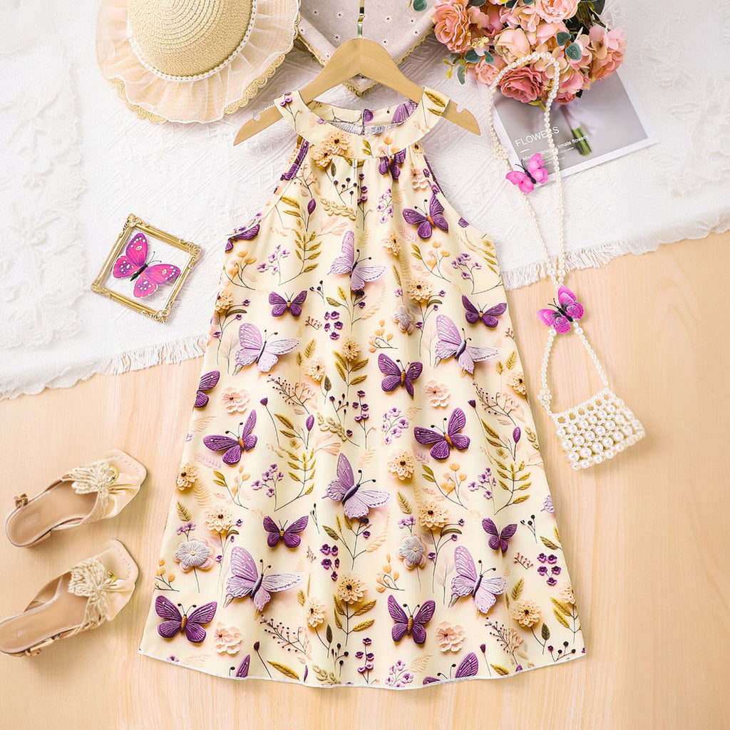 Girls Multicolor Butterfly Printed Halter Neck Sleeveless A-Line Dress Casual Dresses Multicolor 3-4 Y