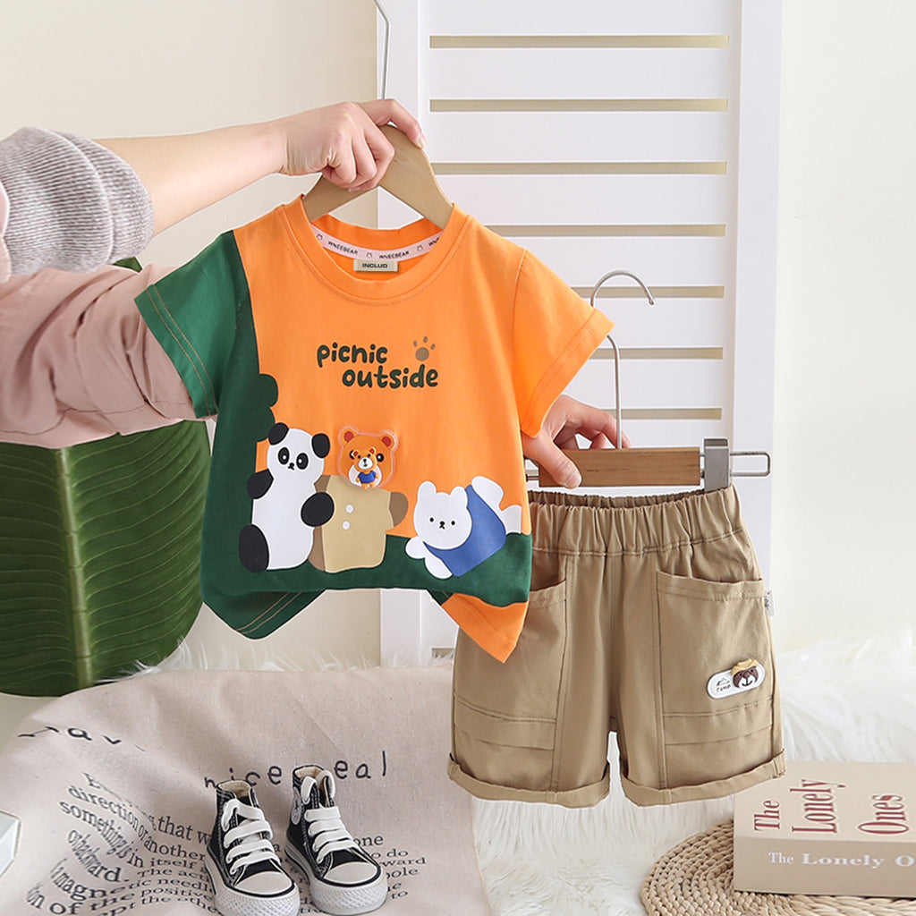 Boys Orange Teddy Printed Short Sleeves T-Shirt With Shorts Set 2 pc. Sets