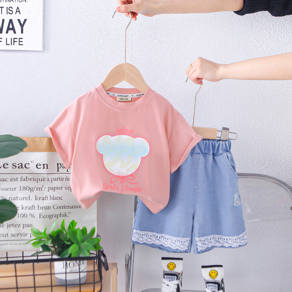 Girls Pink Printed T-Shirt With Lace Hem Patched Denim Shorts Set 2 pc. Sets Pink 1-2 Y