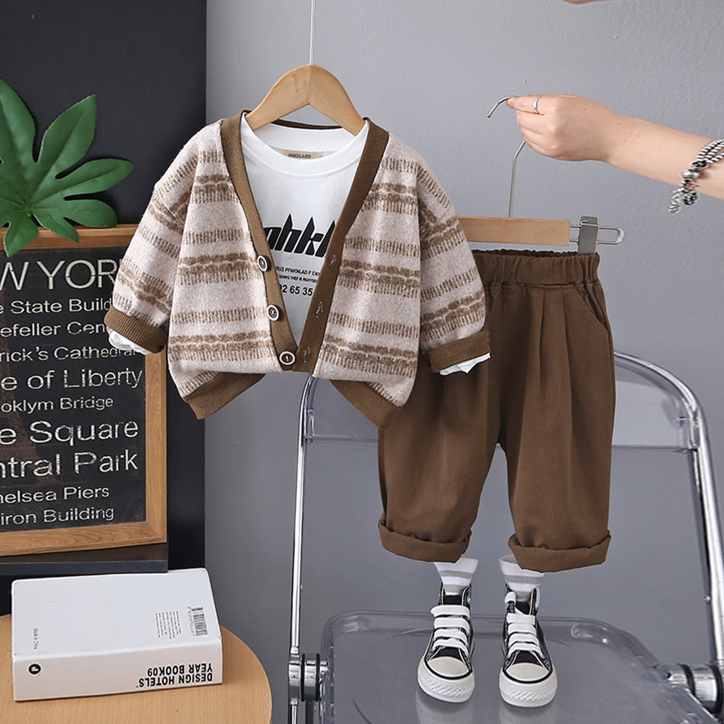 Boys Dark Brown Cardigan with Full Sleeves T-shirt & Trousers Set Sets Dark Brown 1-2 Y