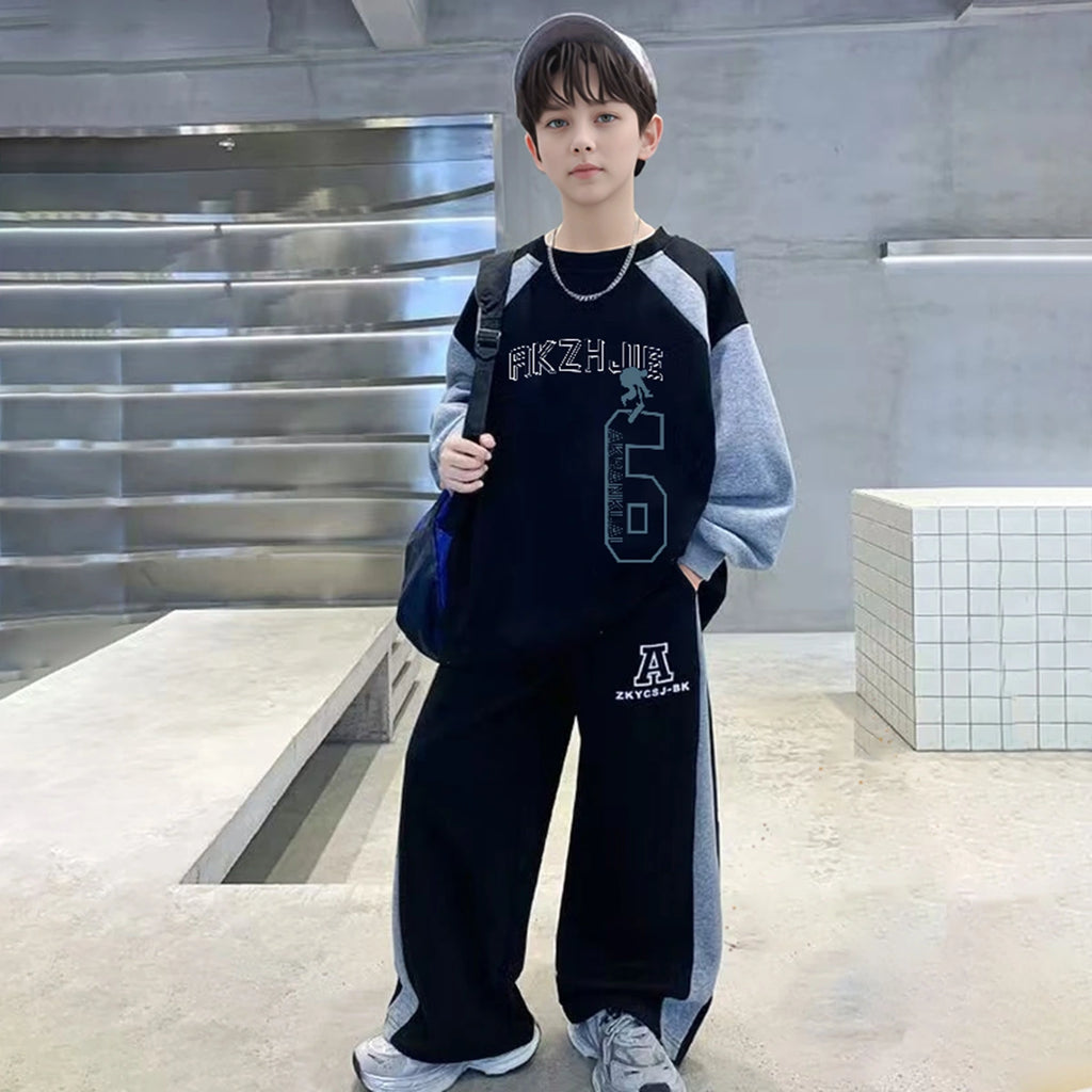 Boys Black Alphanumeric Printed Oversized Sweatshirt With Wide Leg Pant Sets Sets Black 5-6 Y