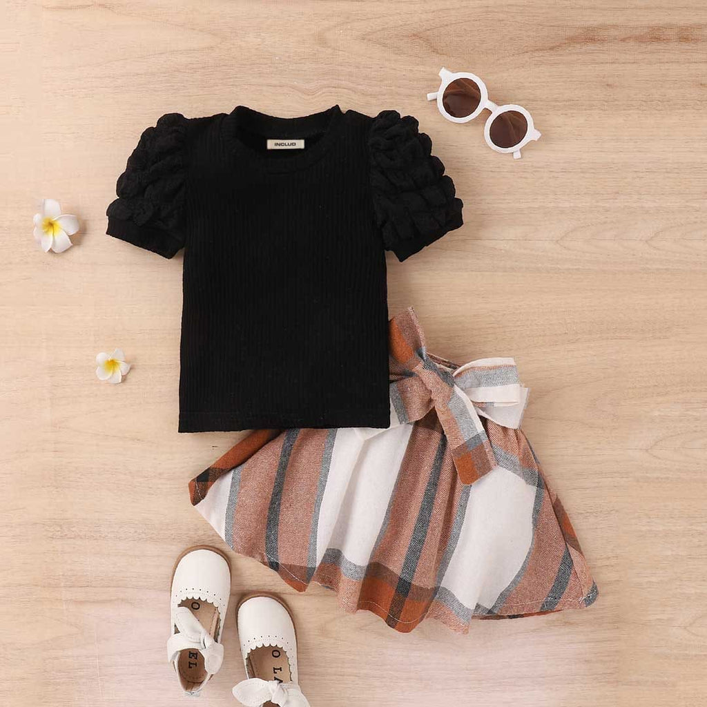 Girls Short Sleeve Knitted Top With Plaid Skirt Set 2 pc. Sets Black 1-2 Y 