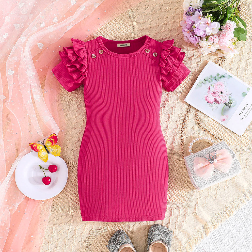 Girls Fuchsia Short Sleeve Round Neck Bodycon Dress Casual Dresses Fuchsia 3-4 Y