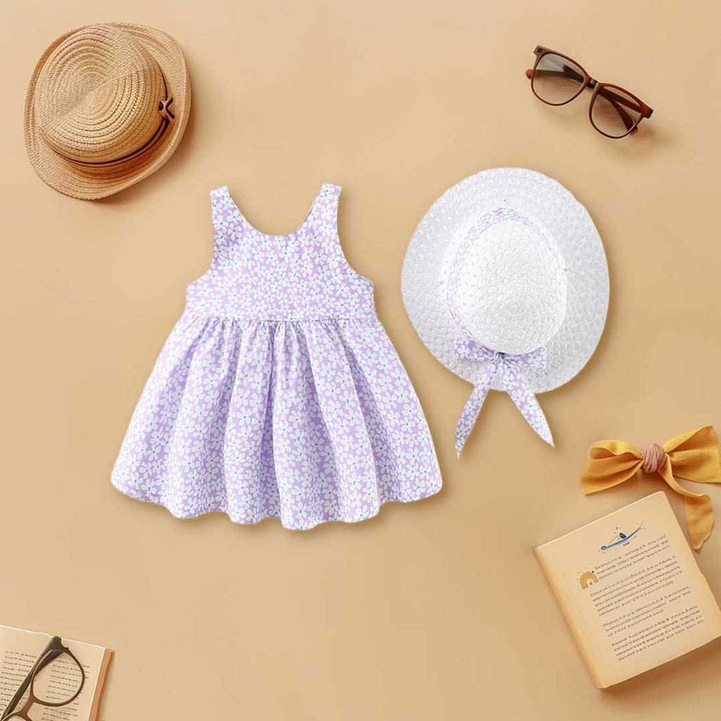 Girls Floral Print Sleeveless Casual Dress with Hat Casual Dresses Purple 1-2 Y 