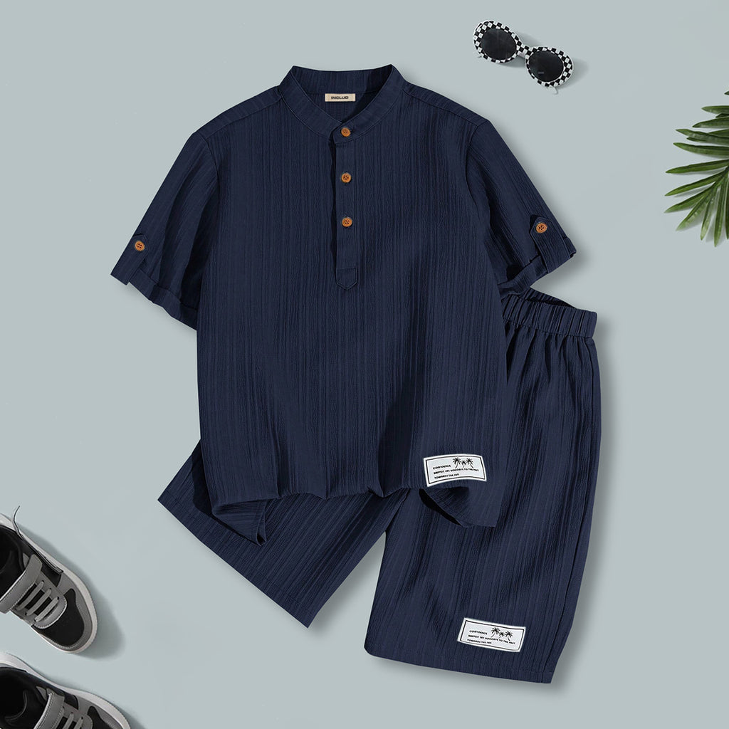 Boys Dark Blue Textured Striped T-Shirt With Shorts Set 2 pc. Sets Dark Blue 7-8 Y
