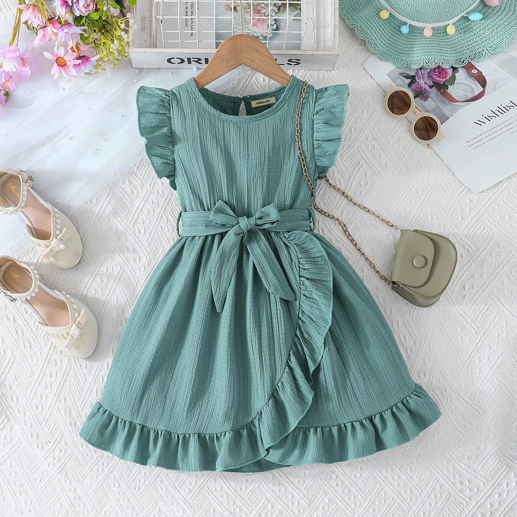 Girls Green Flutter Sleeves Bottom Ruffled Casual Dress Casual Dresses Green 3-4 Y