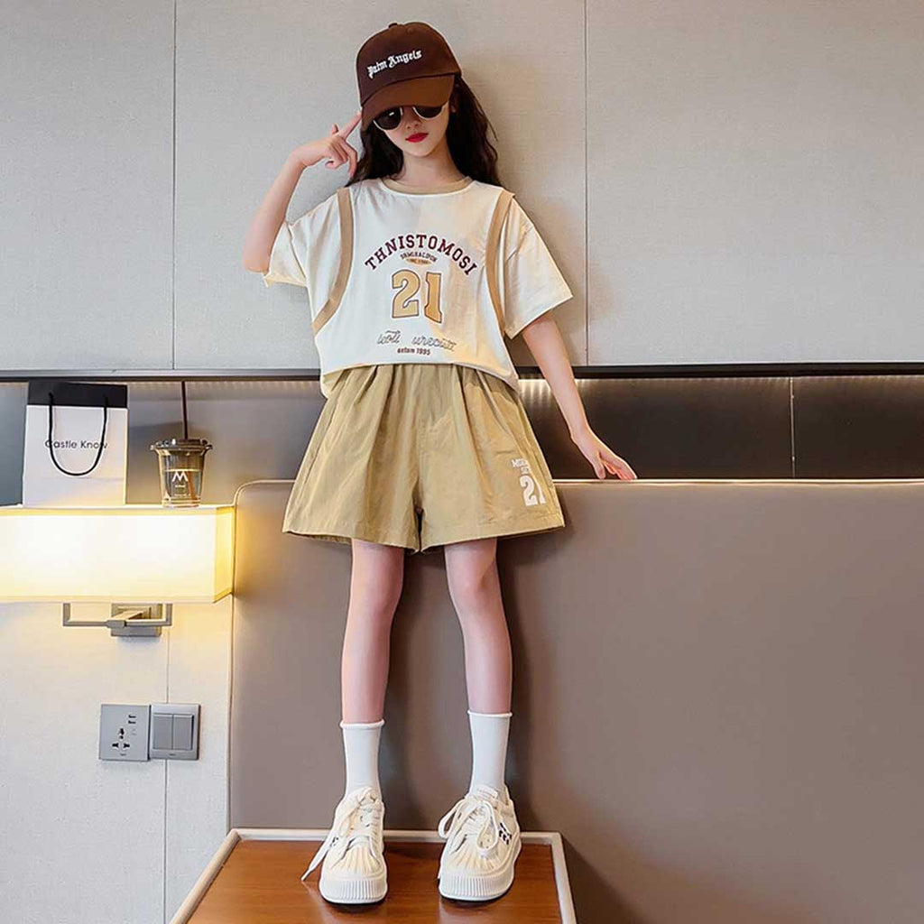 Girls Short Sleeve Typography Print T-Shirt With Shorts Set 2 pc. Sets Khaki 5-6 Y 