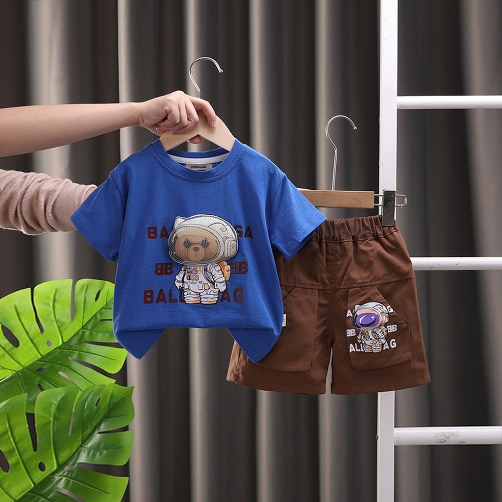 Boys Blue Astronaut Printed Short Sleeves T-Shirt With Shorts Set 2 pc. Sets