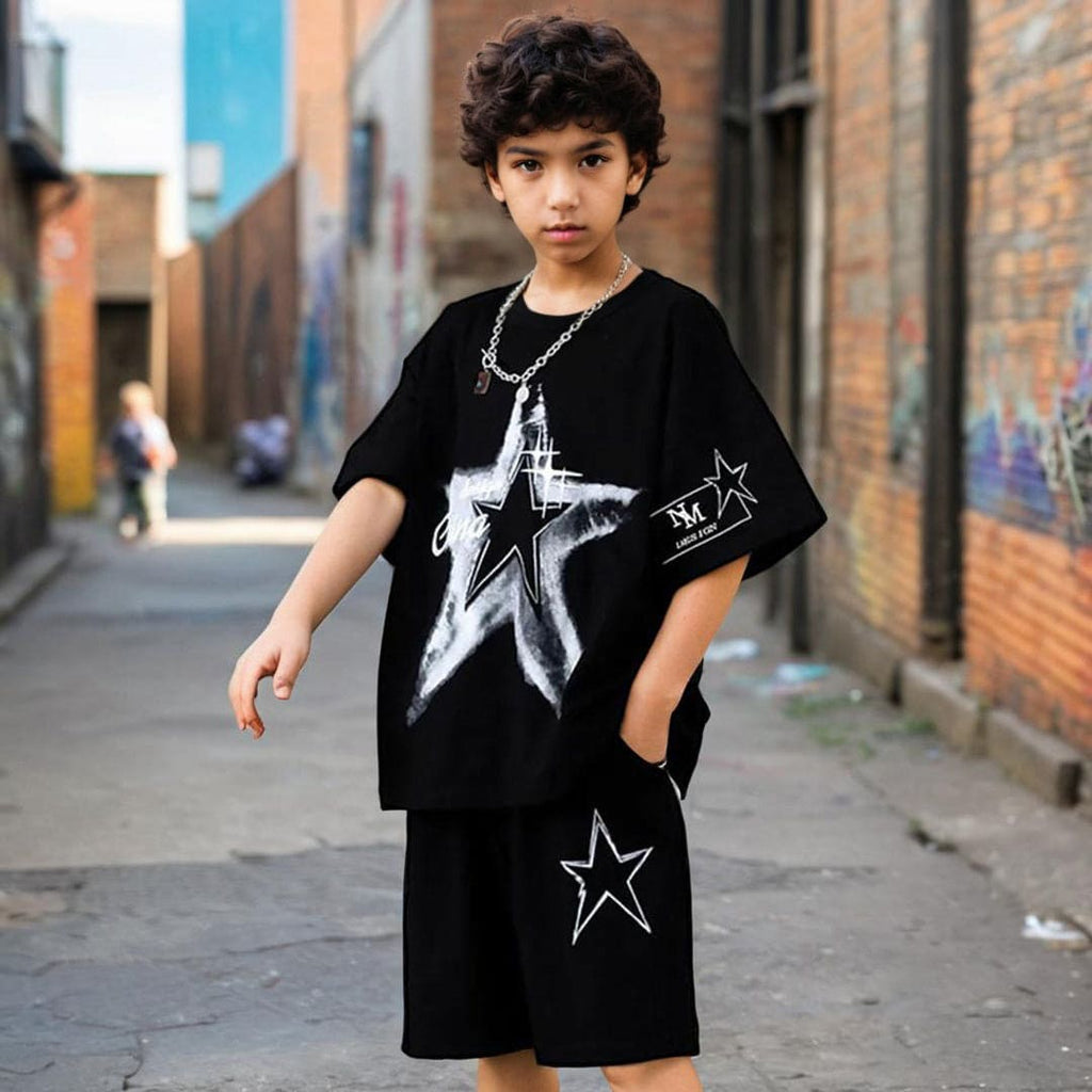 Boys Black Printed T-shirt with Shorts Set Sets Black 4-5 Y 