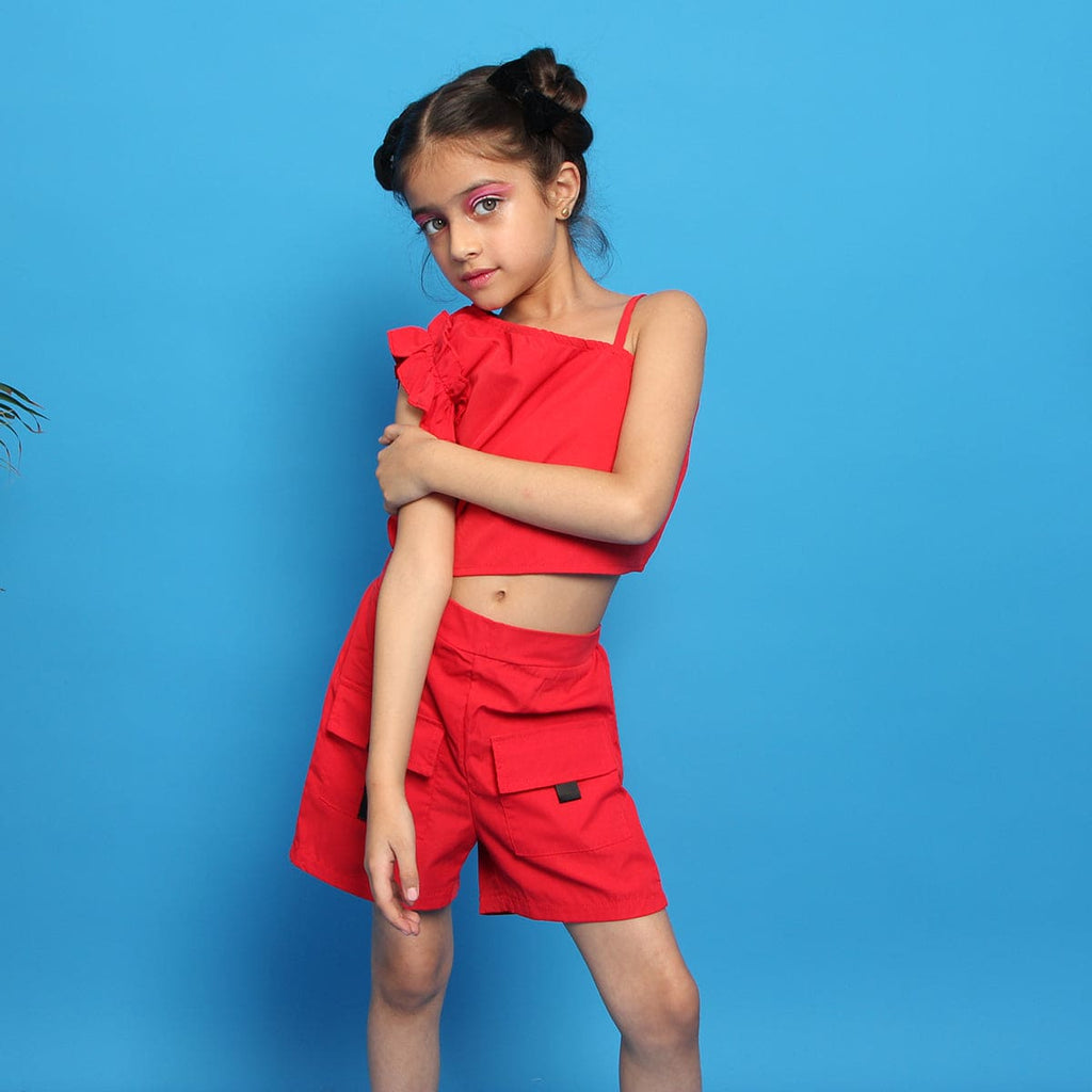 Girls One Shoulder Top With Double Pocket Shorts Set 2 pc. Sets Red 4-5 Y