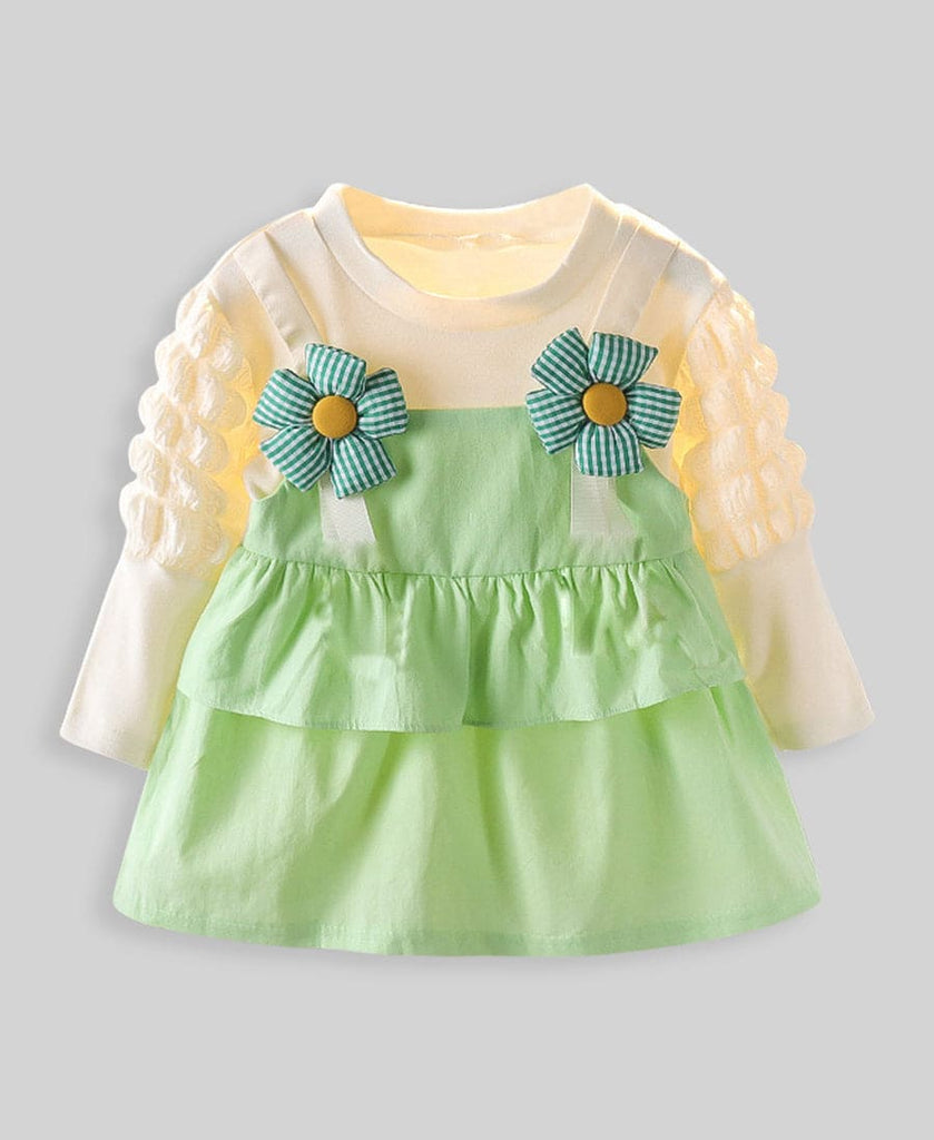 Girls Green Flower Applique Long Sleeves Dress Casual Dresses Green 1-2 Y 