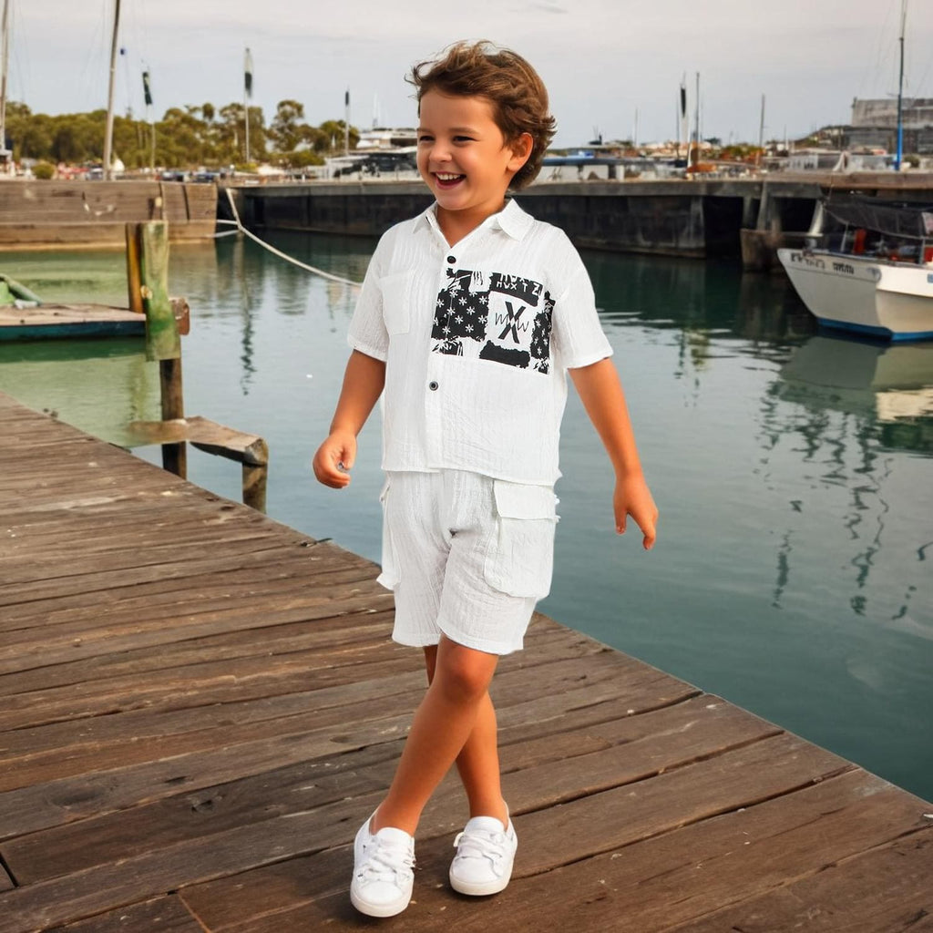 Boys White Printed Shirt with Shorts Set Sets White 1-2 Y 