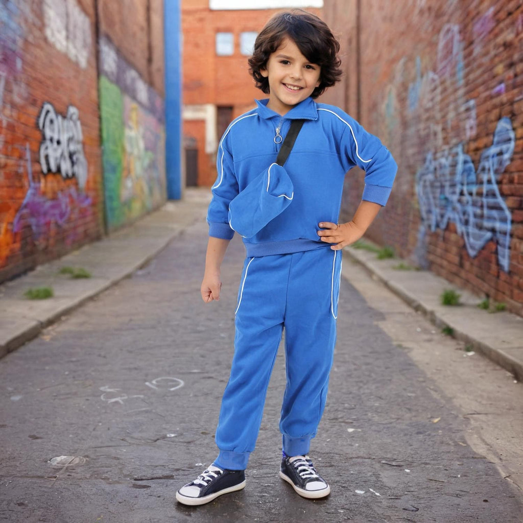 Boys Blue Solid Track Suit with Sling Bag Set Sets Blue 1-2 Y 
