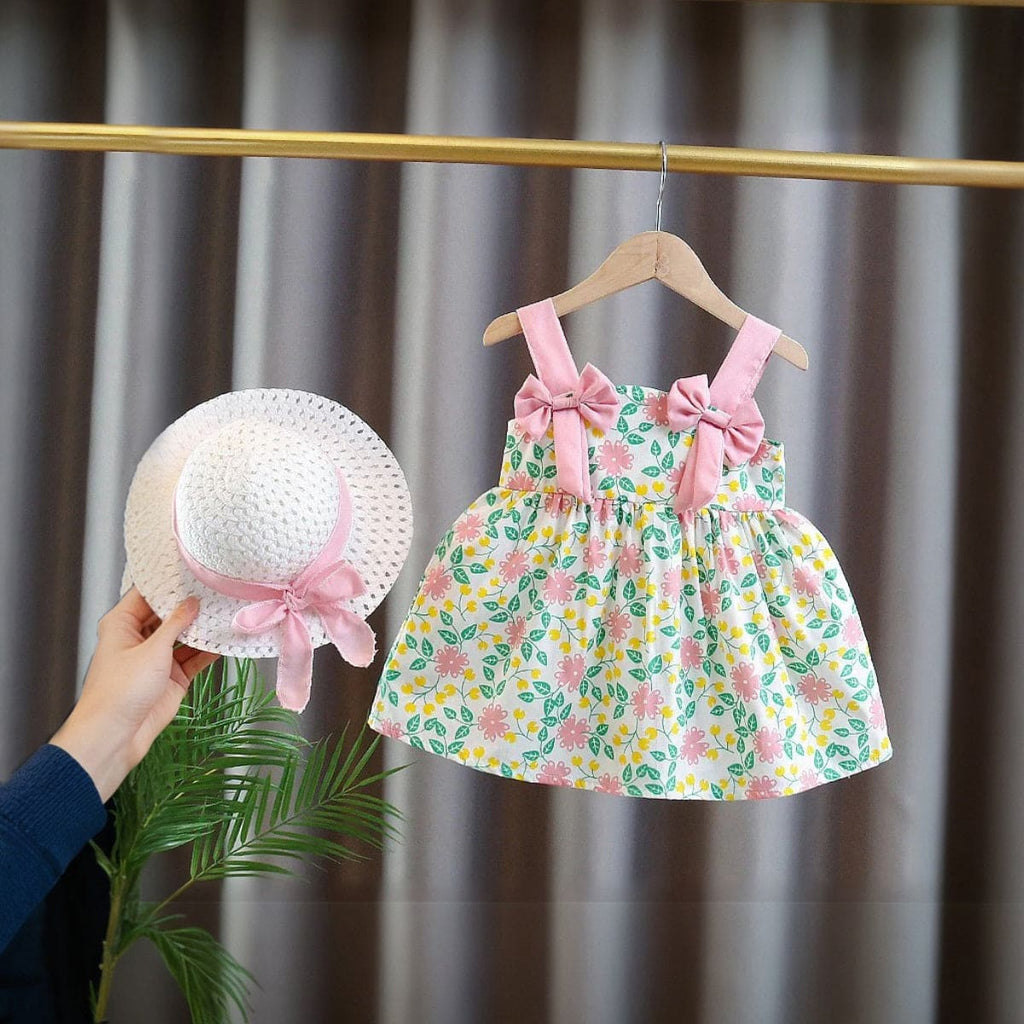 Girls Pink Floral Print Fit & Flare Dress with Hat Casual Dresses Pink 1-2 Y