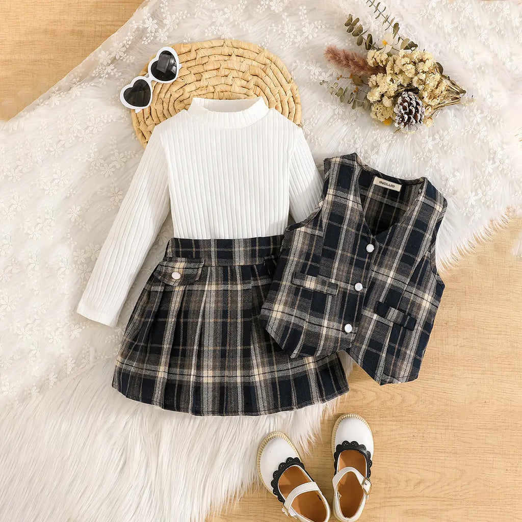 Girls Long Sleeves T-Shirt With Black Checked Waistcoat & Skirt Sets Sets Black 3-4 Y