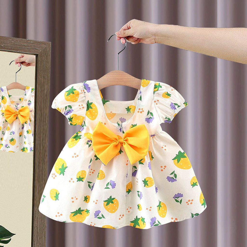 Girls Strawberry Printed Short Sleeve Dress With Bow Casual Dresses Yellow 1-2 Y 