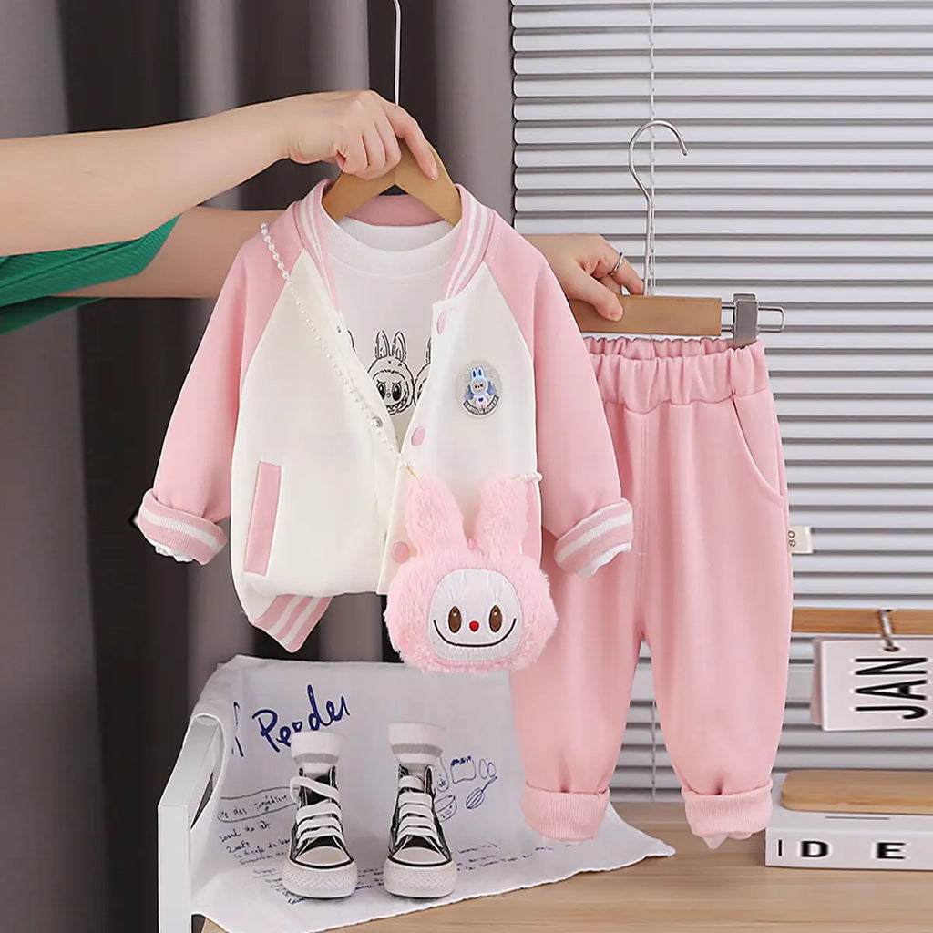 Girls Pink Graphics Printed Varsity Jacket With T-Shirt & Jogger & Sling Bag Sets Sets Pink 1-2 Y