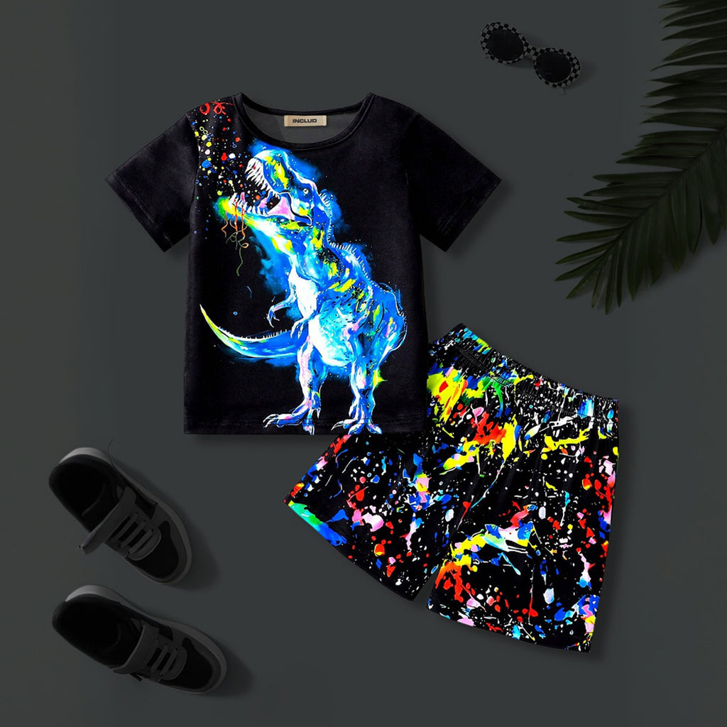 Boys Black Dinosaur Printed Glow in the Dark T-Shirt & Shorts Set 2 pc. Sets Black 3-4 Y
