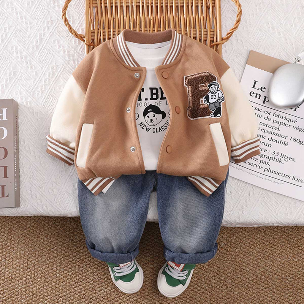 Boys Brown Printed Varsity Jacket with T-shirt & Jeans Set Sets Brown 1-2 Y