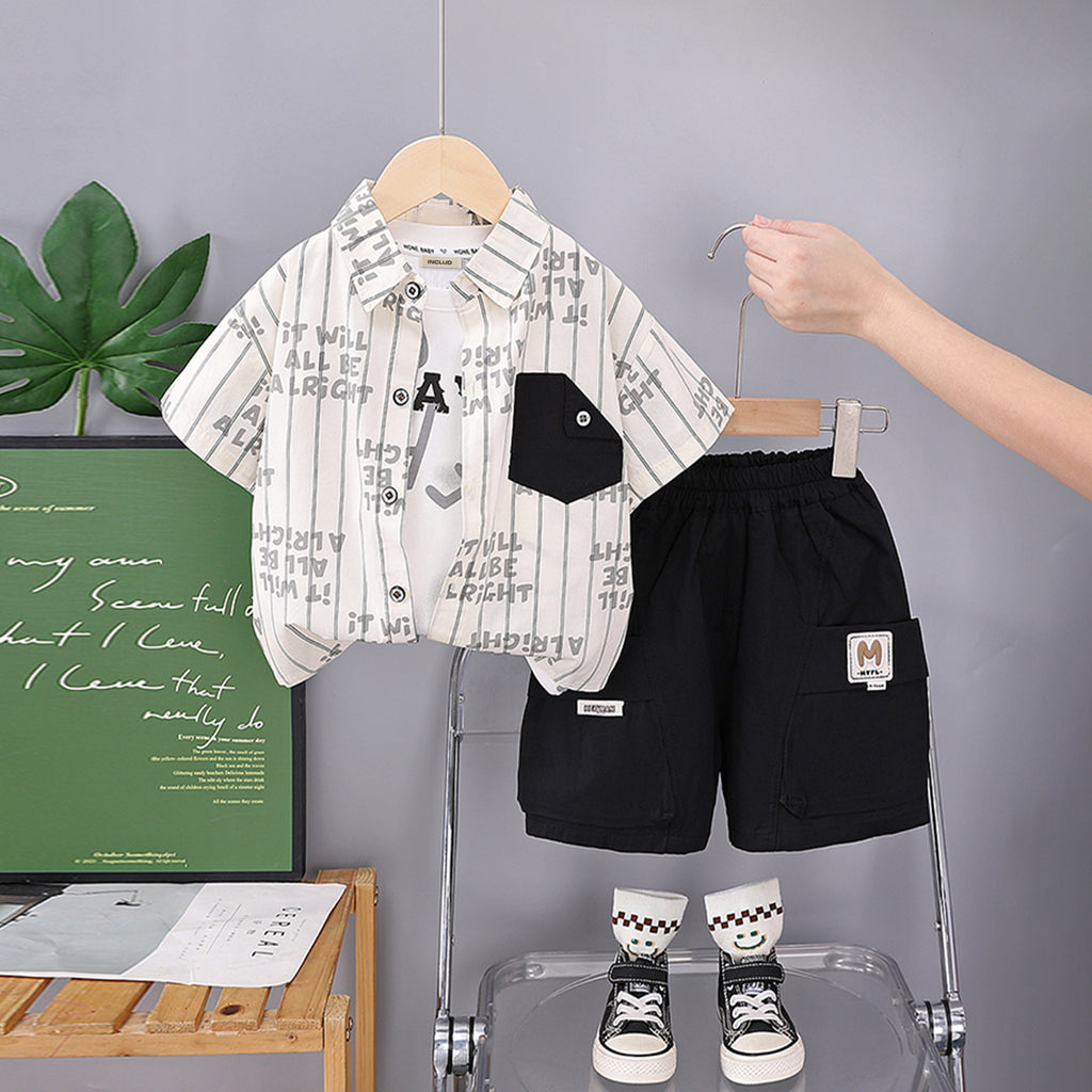 Boys Contrast Pocket Striped Shirt With Black Cargo Shorts Set 2 pc. Sets Black 1-2 Y