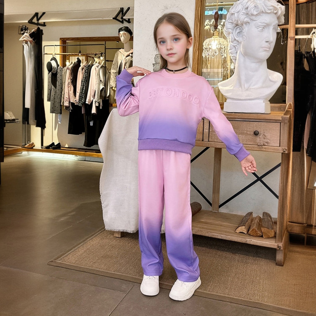 Girls Pink Ombre Printed Sweatshirt With Pant Set for Winter 2 pc. Sets Pink 5-6 Y