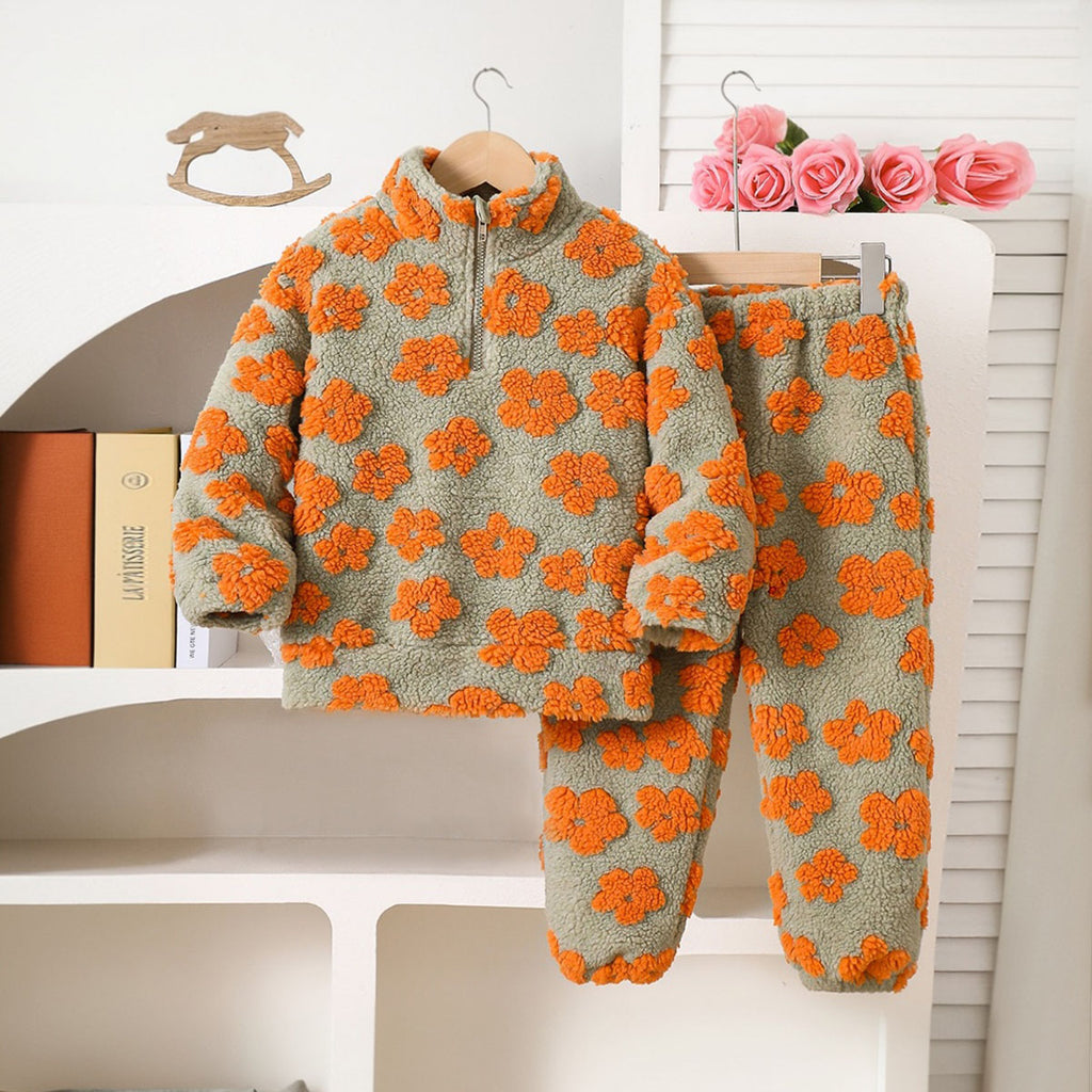 Girls Grey-Orange Floral Pattern Fleece Sweatshirt with Pyjama Set Sets Grey 3-4 Y