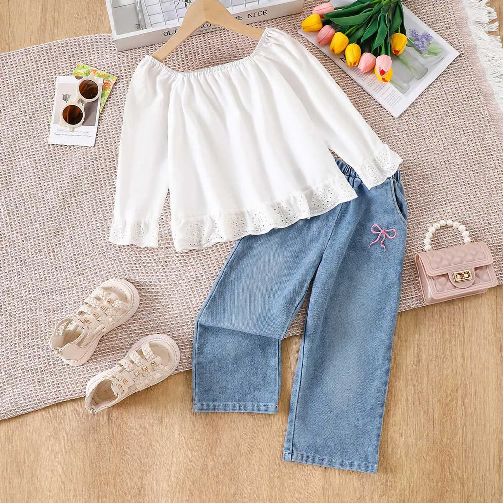 Girls White Solid Top With Denim Pant Sets 2 pc. Sets White 3-4 Y