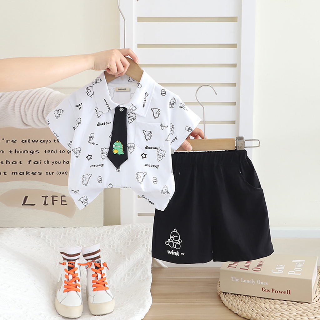 Boys White Animal Printed Short Sleeves Polo T-Shirt With Shorts Set 2 pc. Sets White 1-2 Y