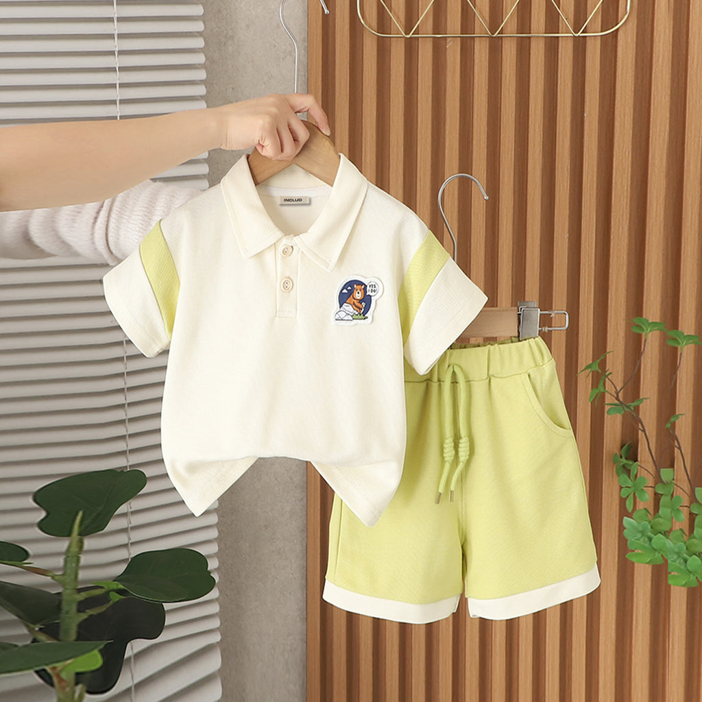 Boys Apricot Embroidered Short Sleeves Polo T-Shirt With Shorts Set 2 pc. Sets Apricot 1-2 Y