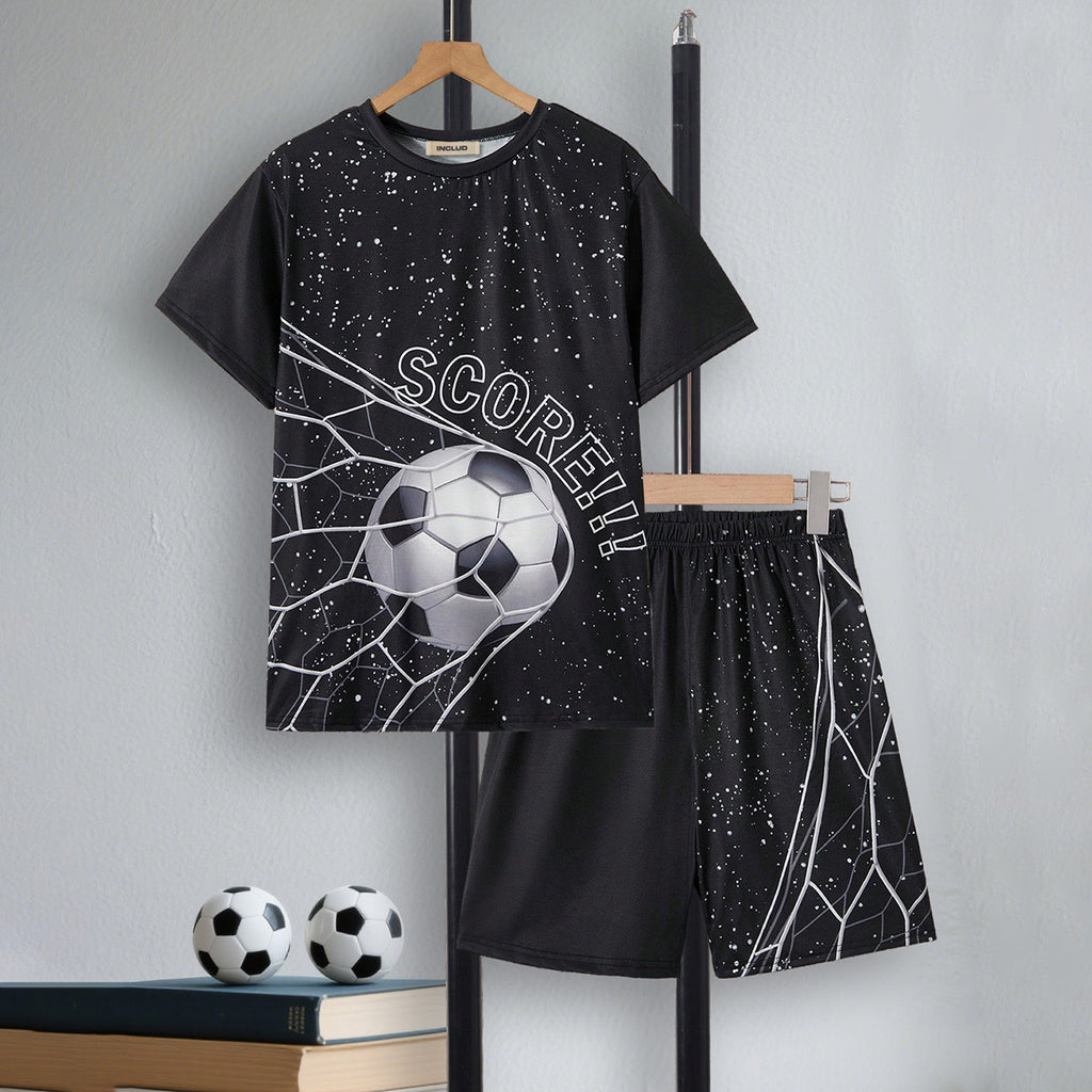 Boys Black Football Printed Short Sleeves T-Shirt With Shorts Set 2 pc. Sets Black 12-13 Y