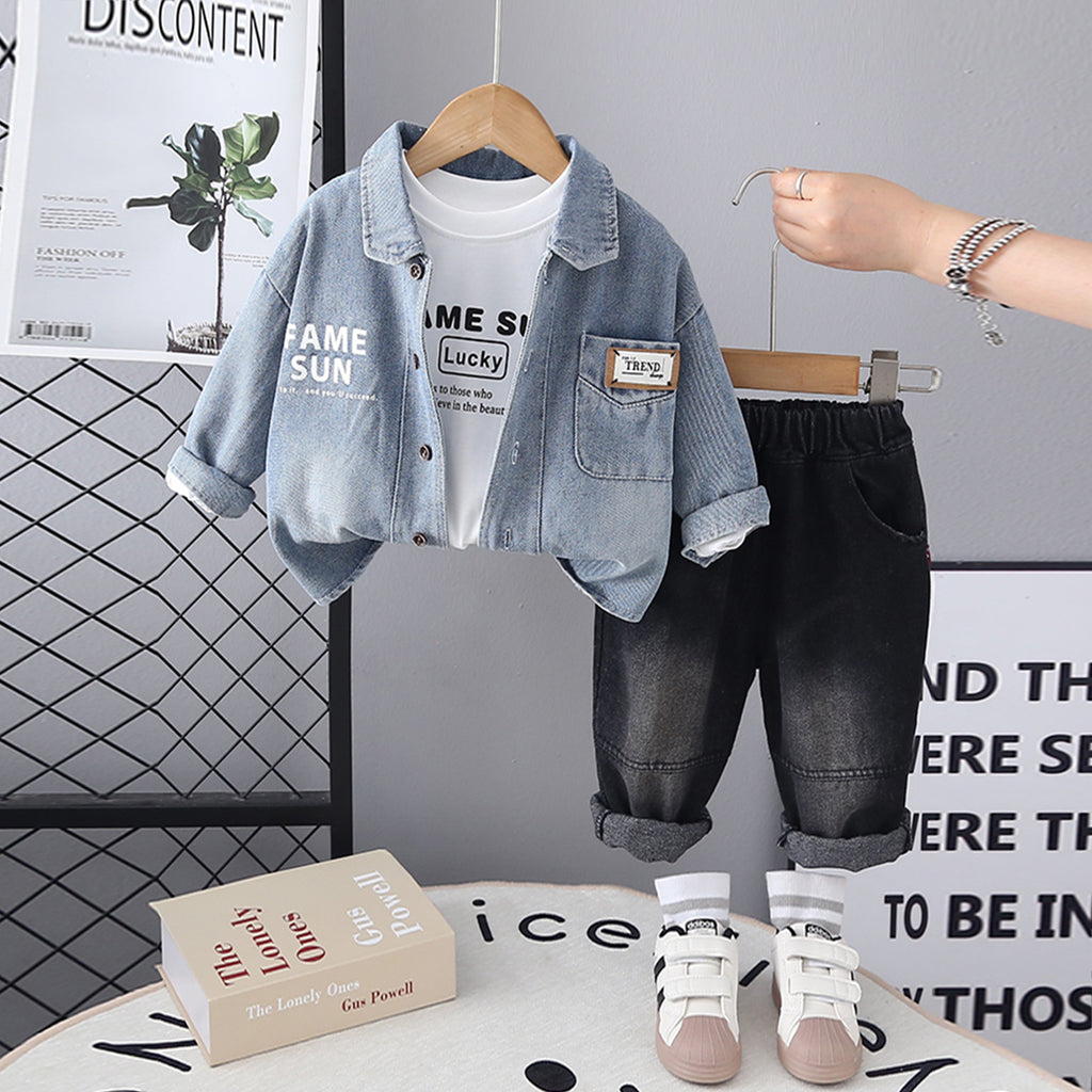 Boys Light Blue Denim Typographic Printed Shirt With T-Shirt & Denim Pants Set Sets Light Blue 1-2 Y