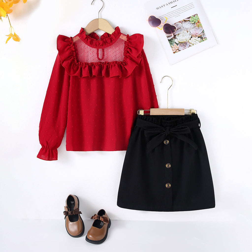 Girls Red Long Sleeve Ruffle Neck Summer Top With Skirts Sets 2 pc. Sets Red 7-8 Y