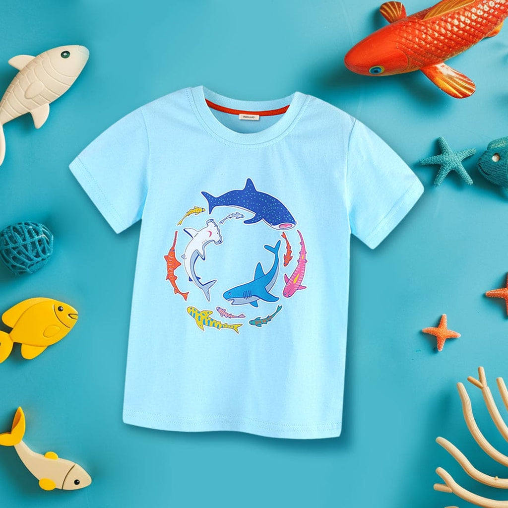 Boys Fish Print Short Sleeve T-Shirt Tshirts Light Blue 1-2 Y 
