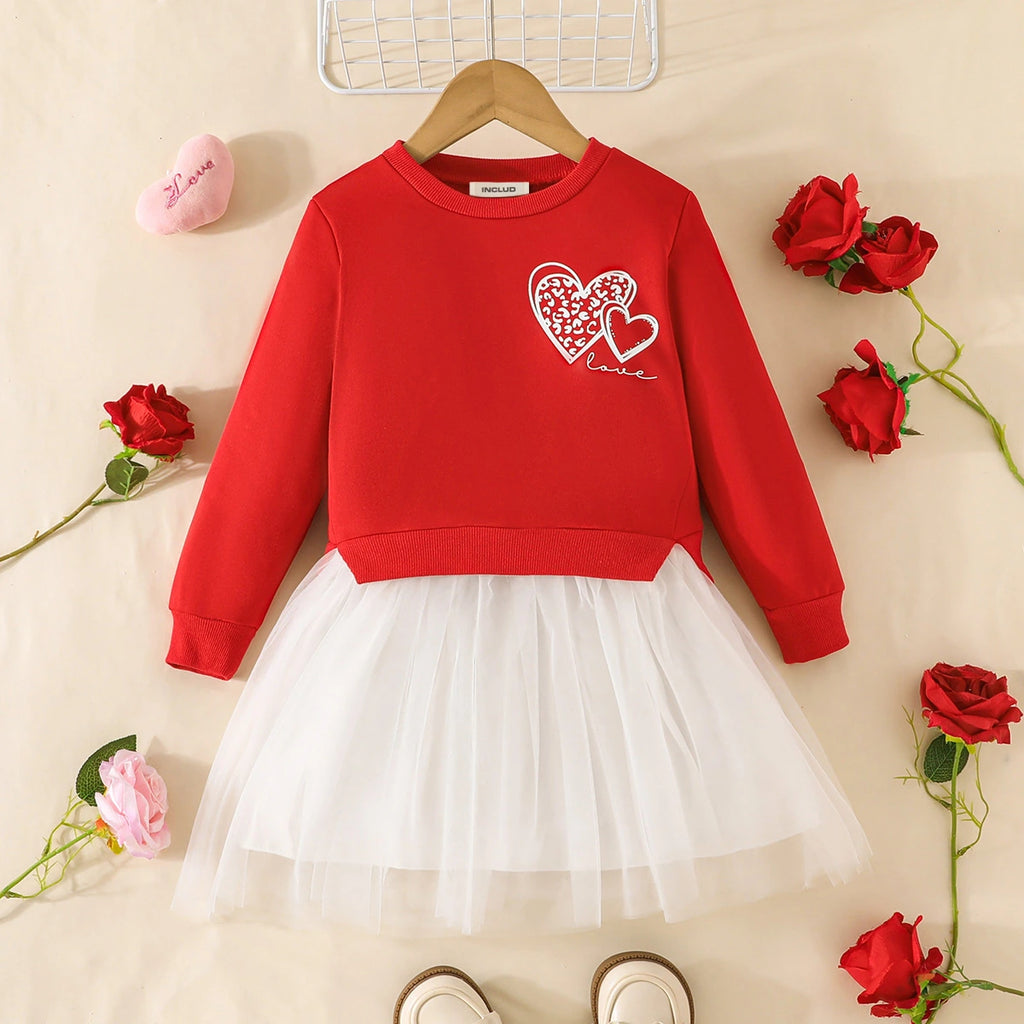 Girls Red Heart Printed Tulle Skirt Sweatshirt dress Casual Dresses Red 3-4 Y